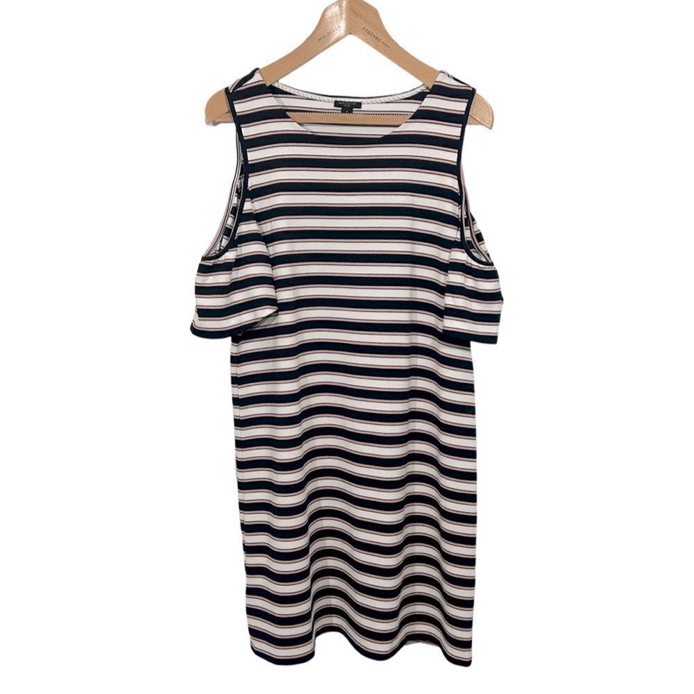 Ann Taylor Cold Shoulder Striped Flutter Dress Blue/Pink Size: Large Petite